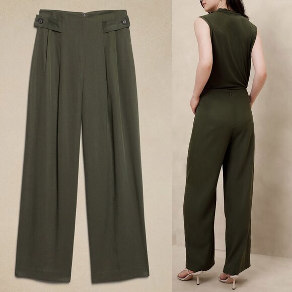 Banana Republic Tencel Pleated Pant Wide Leg Size 6 Steel Olive Green High Waist - Picture 4 of 15